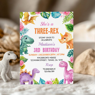Dinosaurs Girl Three-rex Birthday Party Invitation
