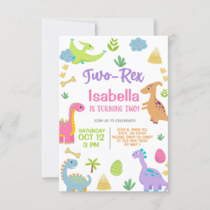 Dinosaurs girl TWO-REX 2nd birthday invitation. Invitation