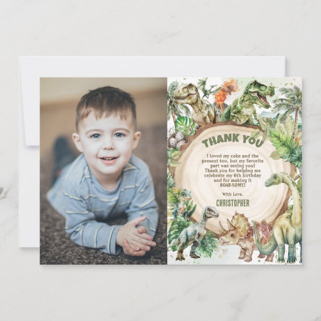 Dinosaurs Greenery Dino-mite Birthday Party Photo Thank You Card (Front)