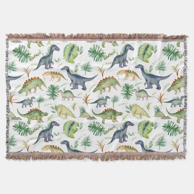 Dinosaurs Grren Watercolor Kids Pattren Throw Blanket (Front)