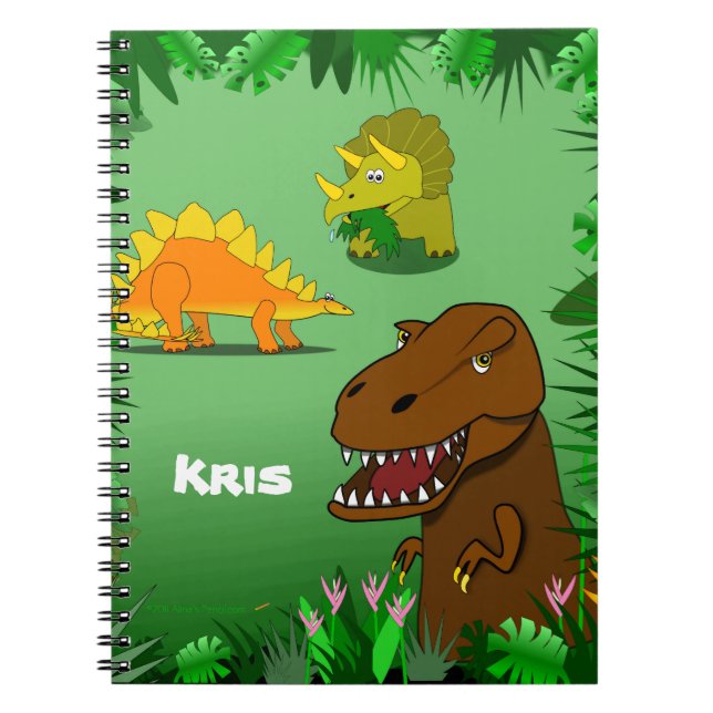 Dinosaurs in a Jungle Custom Name Spiral Notebook (Front)