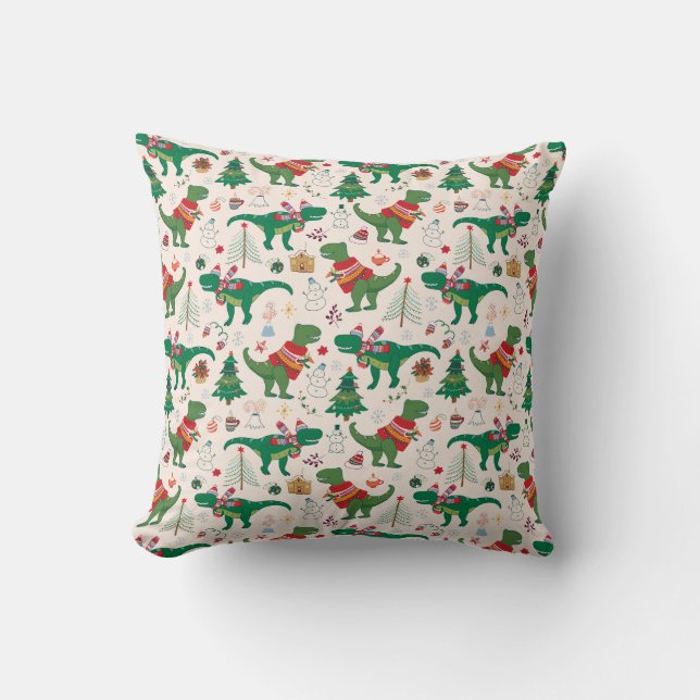 Dinosaurs in Sweaters Christmas Pattern Cushion (Front)