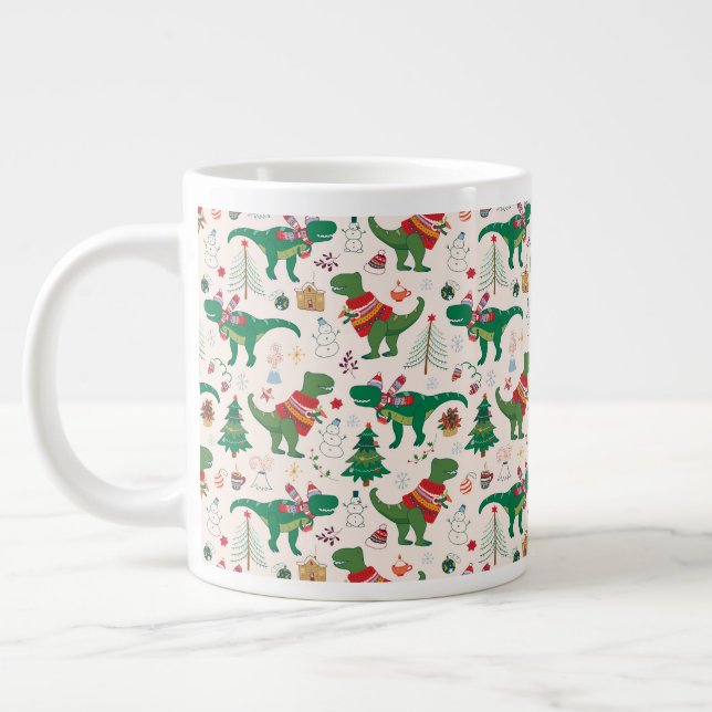 Dinosaurs in Sweaters Christmas Pattern Large Coffee Mug (Left)