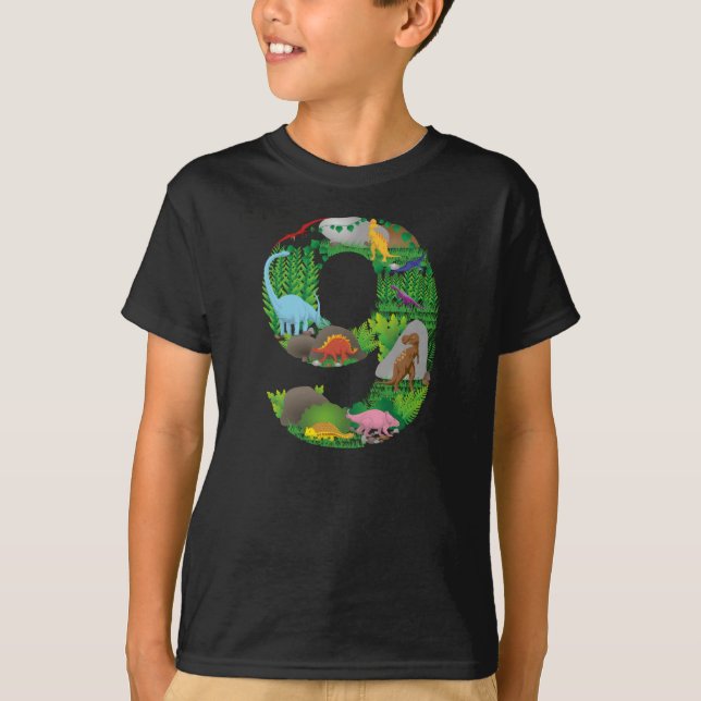 Dinosaurs Jungle Scene ninth Birthday number nine T-Shirt (Front)