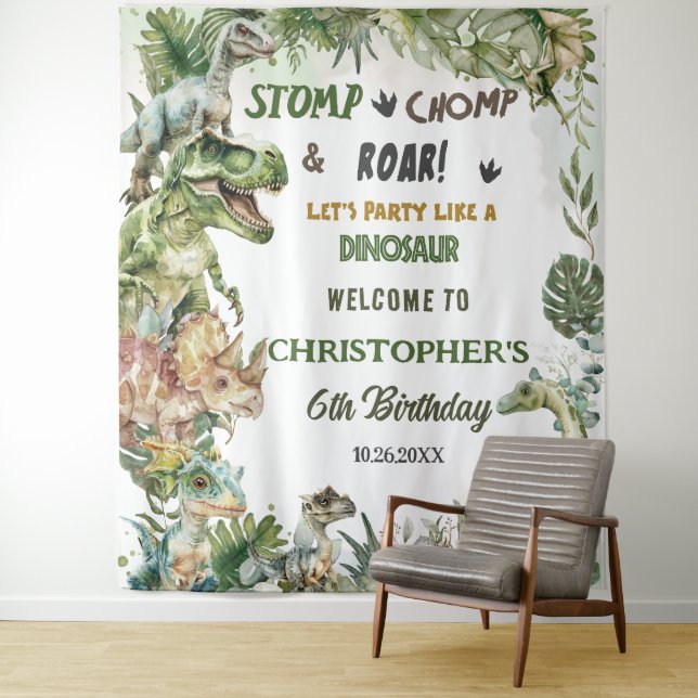Dinosaurs Jurassic Birthday Party Welcome Backdrop Tapestry (In Situ)