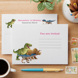 Dinosaurs Jurassic Party You are Invited Pink Envelope
