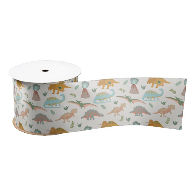 Dinosaurs Kids Hand Drawn Boho Dinosaur Pattern Satin Ribbon (Spool)