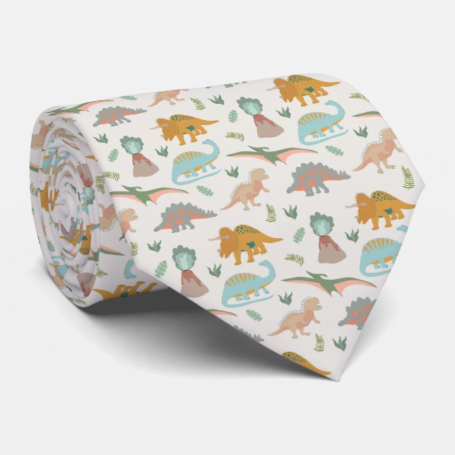 Dinosaurs Kids Hand Drawn Boho Dinosaur Pattern Tie (Rolled)