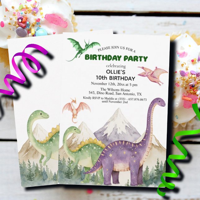 Dinosaurs & Mountains Colourful 10th Birthday Part Invitation (Creator Uploaded)