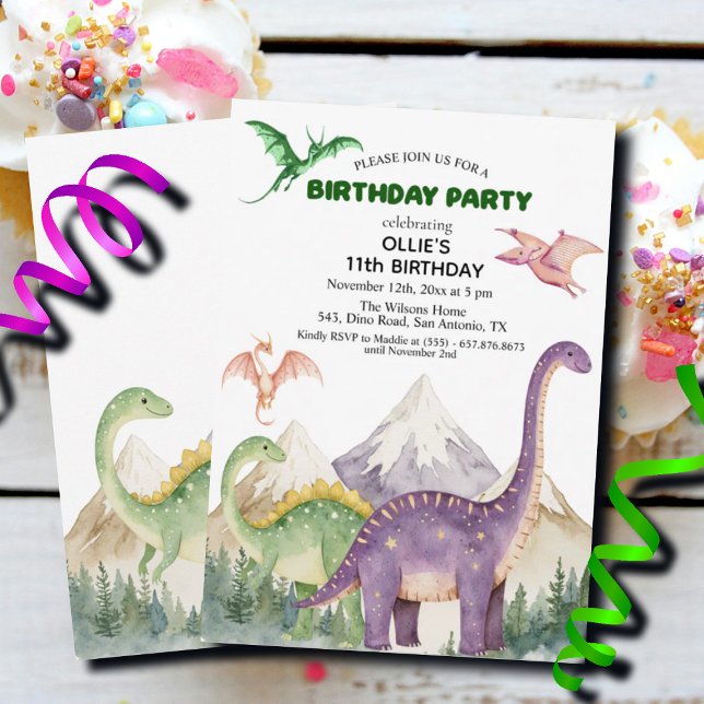 Dinosaurs & Mountains Colourful 11th Birthday Part Invitation (Creator Uploaded)