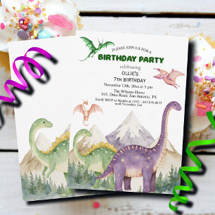 Dinosaurs & Mountains Colourful 7th Birthday Party Invitation