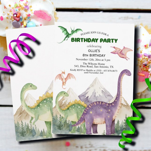 Dinosaurs & Mountains Colourful 8th Birthday Party Invitation (Creator Uploaded)