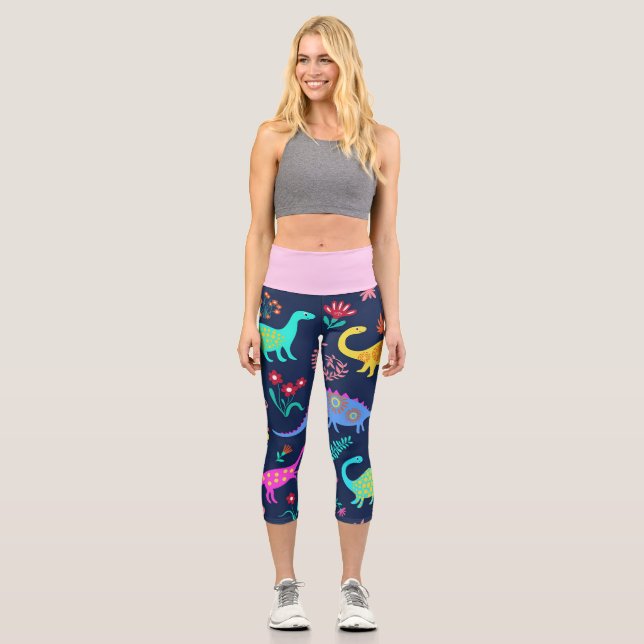 Dinosaurs Multicolor Cute High Waisted Capris (Front)