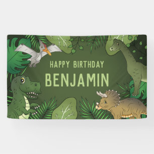 Dinosaurs On Green Cute Kid's Happy Birthday Banner