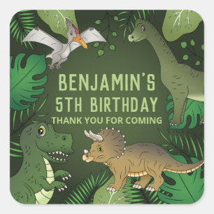 Dinosaurs On Green Leaves Birthday Party Thank You Square Sticker