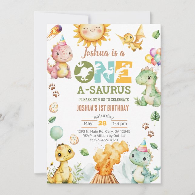 Dinosaurs One-A-Saurus 1st birthday invite. Invitation (Front)