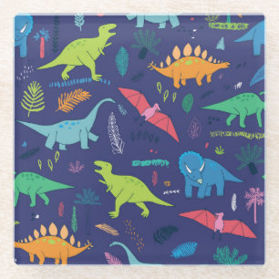 Dinosaurs Palms Tropical Vintage Pattern Glass Coaster