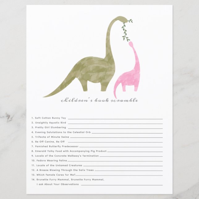 Dinosaurs Pink Baby Shower Book Scramble Game (Front)
