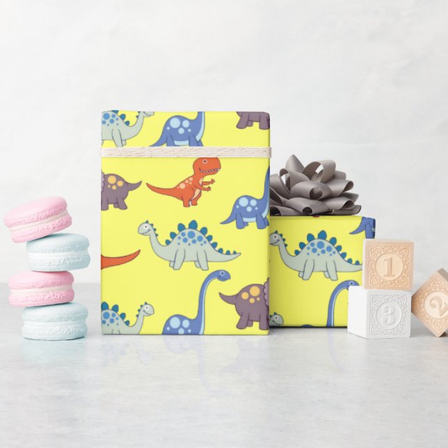 Dinosaurs Rock on Lemon Wrapping Paper (Baby Shower)