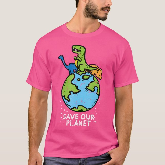 Dinosaurs Save Our Planet Cute Earth Day Boys Kids T-Shirt (Front)