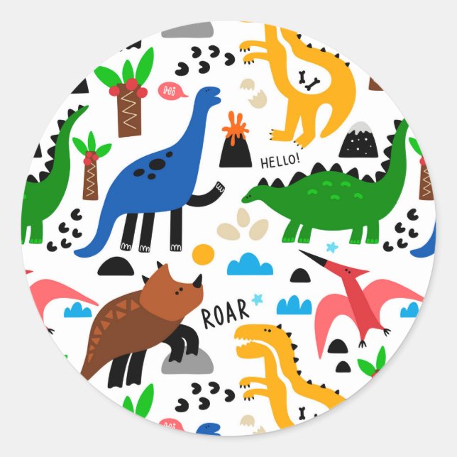 Dinosaurs seamless pattern classic round sticker (Front)