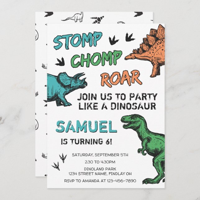 Dinosaurs Stomp Chomp Roar Birthday Party, Any Age Invitation (Front/Back)