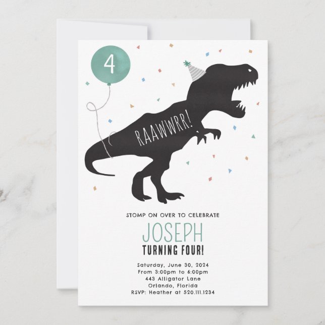 Dinosaurs T-rex Birthday Party Invite (Front)