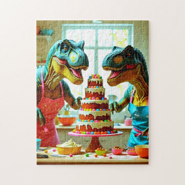 Dinosaurs Teaming up to Bake a Cake Jigsaw Puzzle (Vertical)