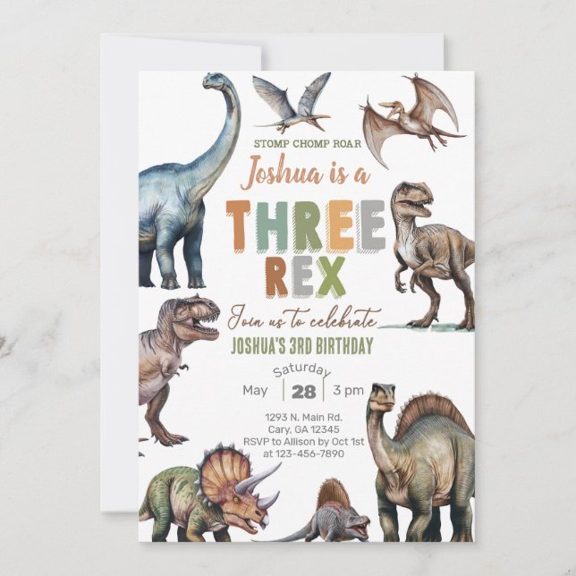 Dinosaurs THREE-REX boy 3rd birthday invite. Invitation (Front)