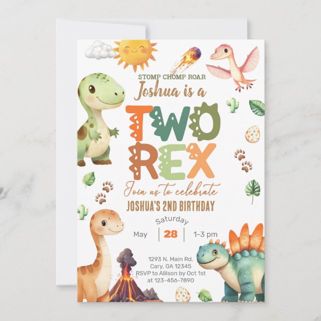 Dinosaurs TWO-REX boy 2nd birthday invite. Invitation (Front)
