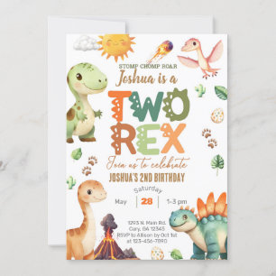 Dinosaurs TWO-REX boy 2nd birthday invite. Invitation