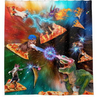 Dinosaurs vs. Kitties Space Battle Shower Curtain