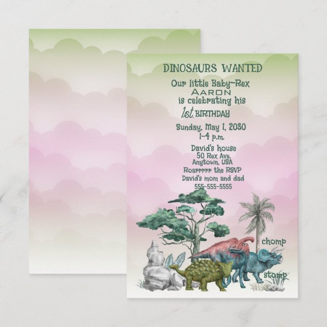 Dinosaurs Wanted Baby's First Birthday Invitation (Front/Back)