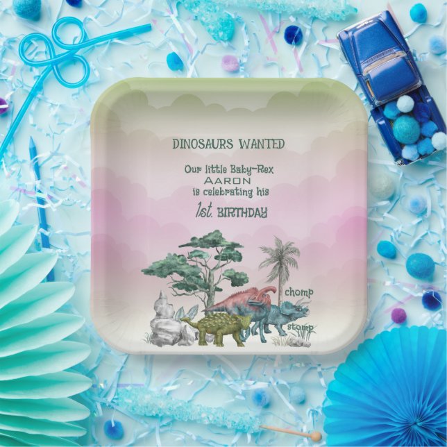 Dinosaurs Wanted Baby's First Birthday Paper Plate (Party)