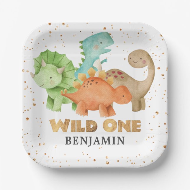Dinosaurs Wild One Jurassic 1st Birthday Paper Plate (Front)