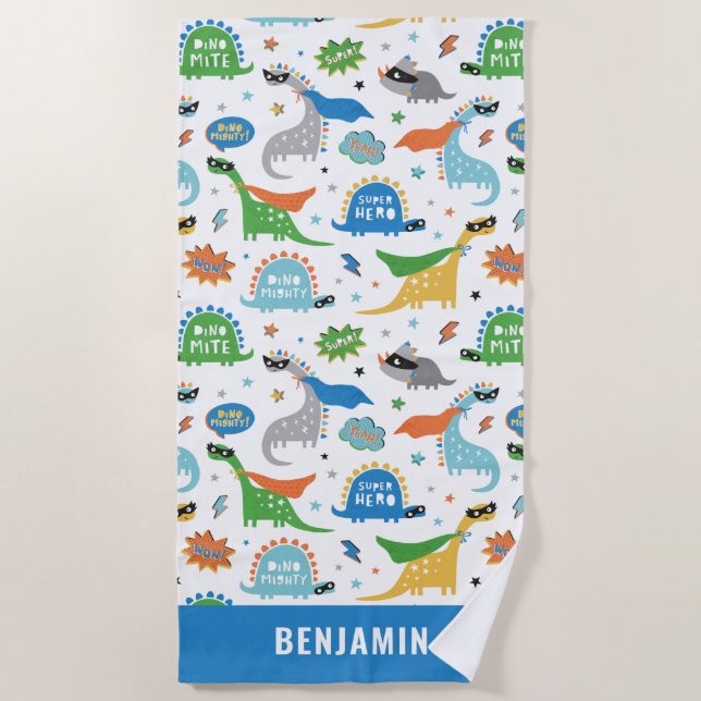 Dinosaurs with name in bright colours beach towel (Front)