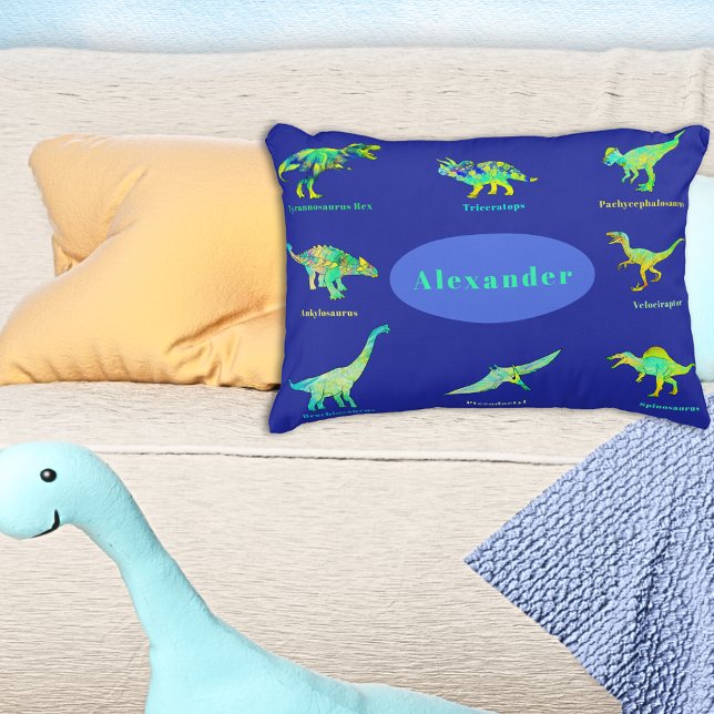 Dinosaurs with names Colourful Blue Pillowcase (Colorful dinosaurs with names custom blue pillow case T-Rex velociraptor stegosaurus triceratops )