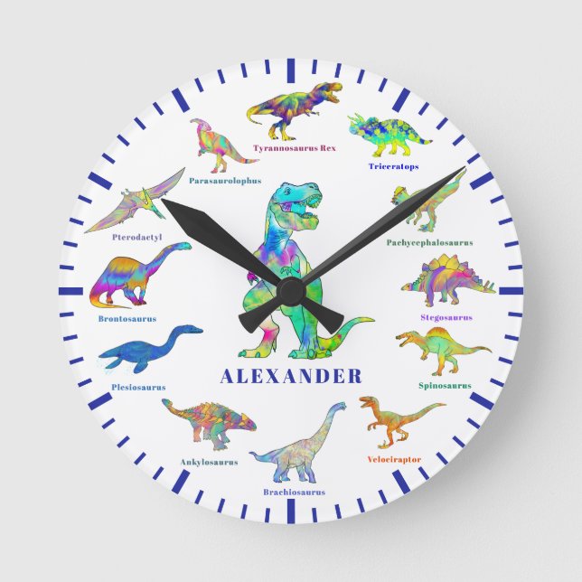 Dinosaurs with names colourful blue round clock (Front)