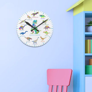 Dinosaurs with names colourful Personalised Blue Round Clock