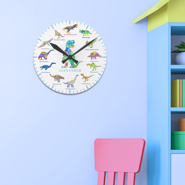 Dinosaurs with names colourful Personalised Blue Round Clock (Colorful dinosaurs with names personalized blue wall clock)