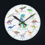 Dinosaurs with names colourful Personalised Teal Round Clock<br><div class="desc">Add your child’s name to this fun 12 Dinosaurs in colourful psychedelic bright colours with their dino names with teal colour theme. The perfect educational design for the child who loves dinosaurs. This fun palaeontology pattern includes all the prehistoric jurassic era favourites including T. rex or tyrannosaurus, velociraptors, brachiosaurus, brontosaurus,...</div>
