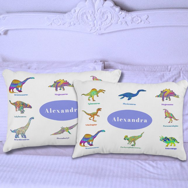 Dinosaurs with Names Pattern Periwinkle Pillowcase (Dinosaurs with names colorful pattern personalized name periwinkle dino pillow case)