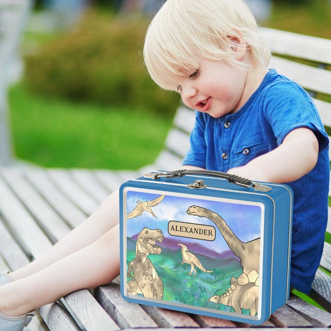 Dinosaurs with names personalised metal lunch box (Dinosaur custom name lunchbox ideal for kindergarten or school with T-Rex brontosaurus stegosaurus )