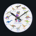 Dinosaurs with names Personalised Round Clock<br><div class="desc">Add your child’s name in periwinkle purple to this fun 12 Dinosaurs in colourful watercolor art in psychedelic bright colours with their dino names. The perfect educational design for the child who loves dinosaurs especially girls that love dinos. This fun palaeontology pattern includes all the prehistoric jurassic era favourites including...</div>