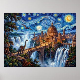 Dinotopia Starry Night Waterfall City Poster