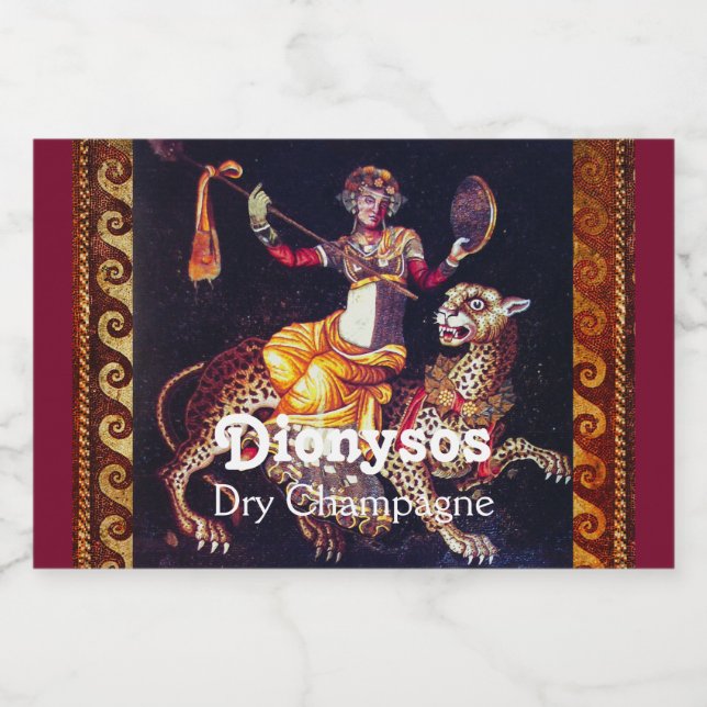 DIONYSOS WITH A SPEAR RIDING LEOPARD Greek Mosaic  Sparkling Wine Label (Single Label)