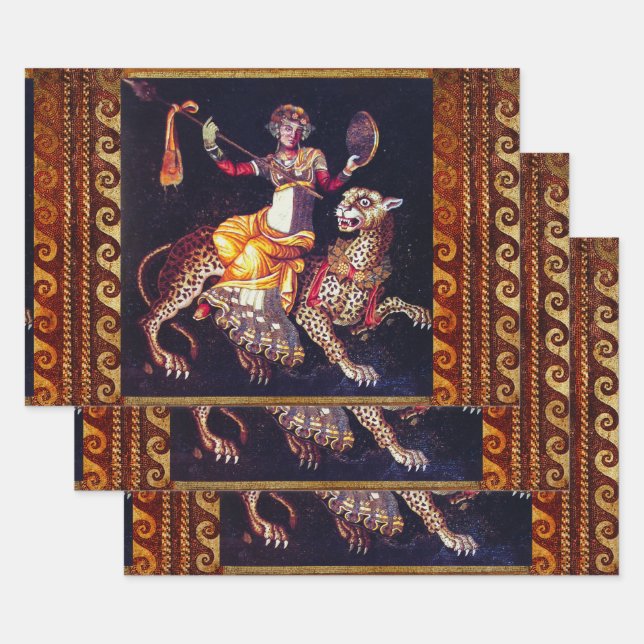 DIONYSOS WITH A SPEAR RIDING LEOPARD Greek Mosaic Wrapping Paper Sheet (Set)