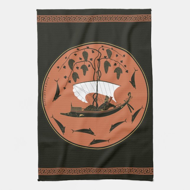 Dionysus Cup: Greek God on Ship w Vines & Dolphins Tea Towel (Vertical)