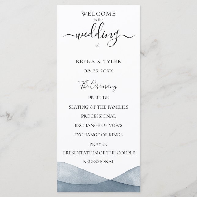 Dip Dye Blue Watercolor Wedding Programme (Front)