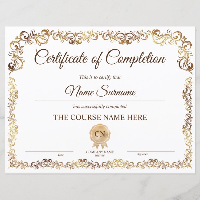 Diploma Certificate of Completion Award Course  (Front)